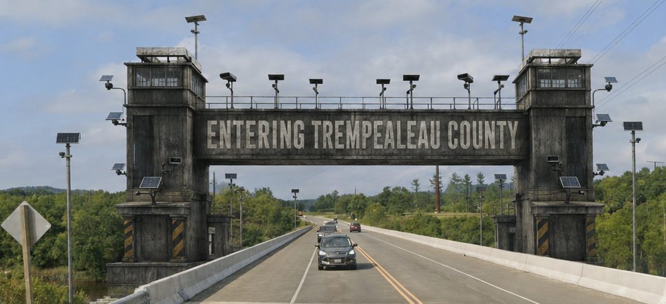 Illustration of a fortified gate spanning a county highway, reading Entering Trempealeau County and topped with rows of surveillance cameras watching the cars passing beneath
